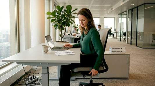 Een medewerker stelt zijn bureaustoel goed af op de werkplek.
