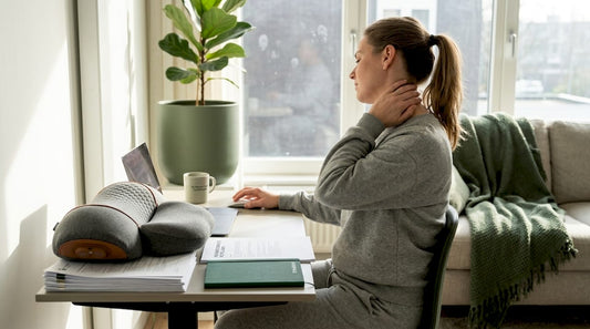 Een vrouw zit achter haar bureau en masseert haar nek met een ergonomisch kussen.
