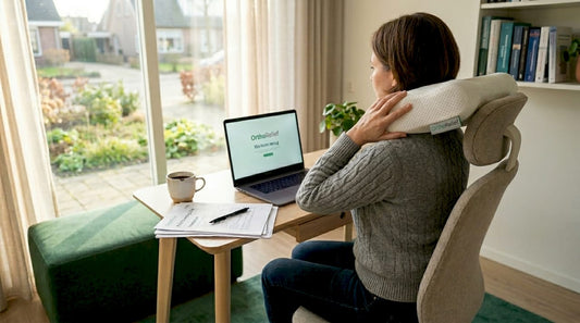 Vrouw stelt haar ergonomische kussen af in haar thuiswerkplek