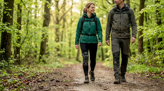 Twee wandelaars lopen met een kniebrace over een bospad