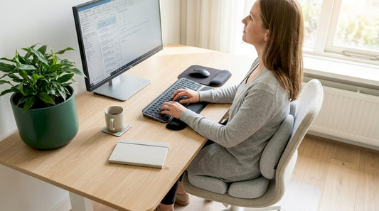 Vrouw werkt thuis aan een ergonomisch ingericht bureau
