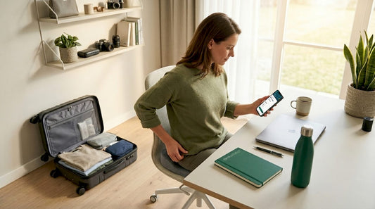 Een zakenreiziger kiest voor een ergonomisch zitkussen om comfortabel te kunnen werken onderweg.