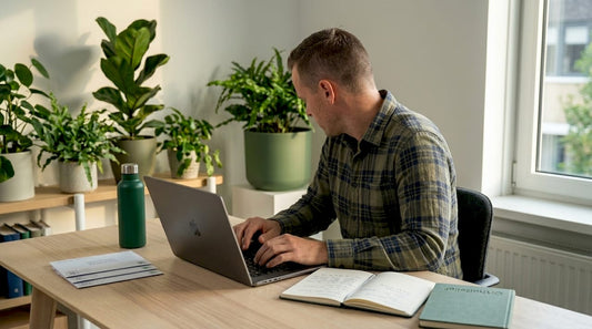Een man zit achter zijn bureau en voelt lichte spanning in zijn schouders.
