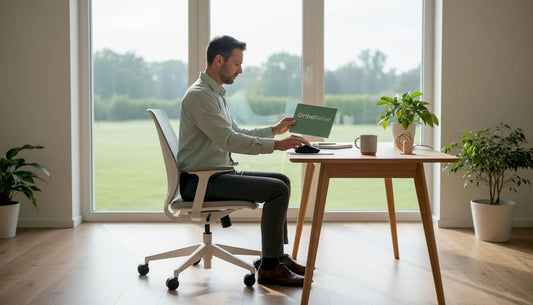 Man stelt zijn computer goed in aan een ergonomisch bureau
