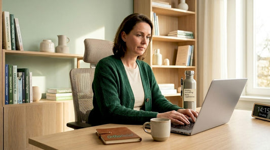 Vrouw werkt thuis achter haar bureau op een ergonomische stoel