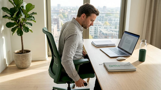 Thuis zorgt hij ervoor dat zijn bureaustoel goed is ingesteld voor een gezonde werkhouding.