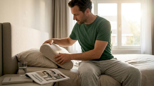 Man stelt zijn nekkussen af terwijl hij op bed ligt